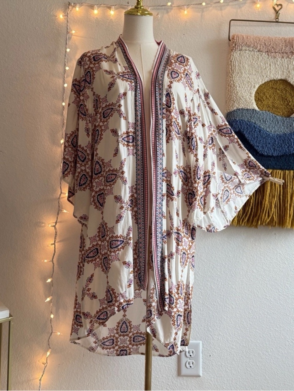 Gigio Duster Women’s Sz Large Open Kimono Boho Bohemian Paisley Medallion USA